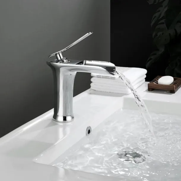 Waterfall Bathroom Sink Mixer Faucet 4.7" Spout, Mono Wash Basin Single Handle Basin Taps Washroom with Hot and Cold Hose, Monobloc Vessel Water Brass Tap Deck Mounted