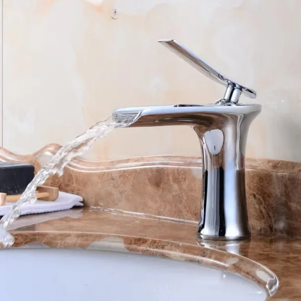 Waterfall Bathroom Sink Mixer Faucet 4.7" Spout, Mono Wash Basin Single Handle Basin Taps Washroom with Hot and Cold Hose, Monobloc Vessel Water Brass Tap Deck Mounted