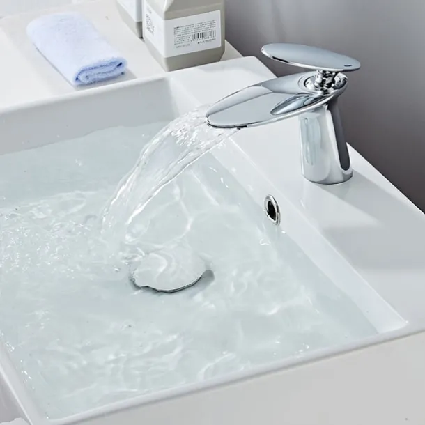 Waterfall Bathroom Sink Mixer Faucet, Monobloc Washroom Basin Taps Single Handle One Hole Deck Mounted with Hot and Cold Water Hose