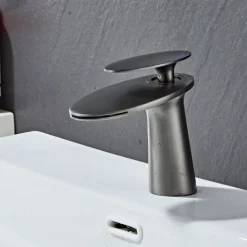 Waterfall Bathroom Sink Mixer Faucet, Monobloc Washroom Basin Taps Single Handle One Hole Deck Mounted with Hot and Cold Water Hose