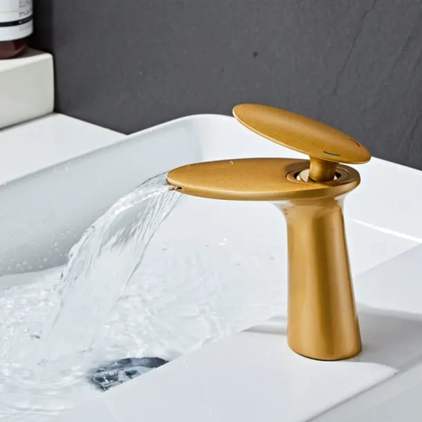 Waterfall Bathroom Sink Mixer Faucet, Monobloc Washroom Basin Taps Single Handle One Hole Deck Mounted with Hot and Cold Water Hose