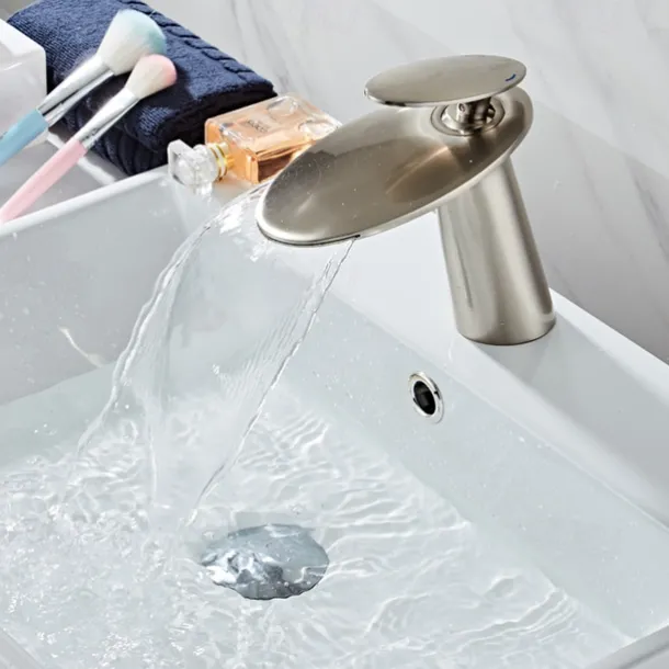 Waterfall Bathroom Sink Mixer Faucet, Monobloc Washroom Basin Taps Single Handle One Hole Deck Mounted with Hot and Cold Water Hose