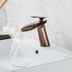 Waterfall Bathroom Sink Mixer Faucet, Monobloc Washroom Basin Taps Single Handle One Hole Deck Mounted with Hot and Cold Water Hose