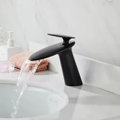 Waterfall Bathroom Sink Mixer Faucet, Monobloc Washroom Basin Taps Single Handle One Hole Deck Mounted with Hot and Cold Water Hose