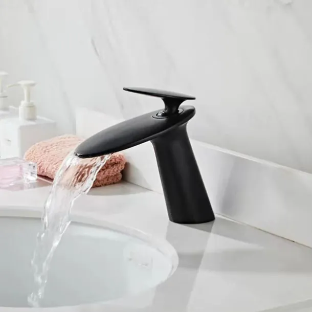 Waterfall Bathroom Sink Mixer Faucet, Monobloc Washroom Basin Taps Single Handle One Hole Deck Mounted with Hot and Cold Water Hose