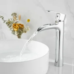 Waterfall Bathroom Sink Mixer Faucet Chrome, Tall Basin Mixer Taps Brass, Single Handle One Hole Tap with Hot and Cold Hose Deck Mounted Vessel Water Tap