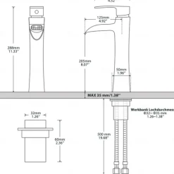 Waterfall Bathroom Sink Mixer Faucet Chrome, Tall Basin Mixer Taps Brass, Single Handle One Hole Tap with Hot and Cold Hose Deck Mounted Vessel Water Tap