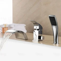 Waterfall Bathtub Faucet Deck Mounted, Bath Tub Filler Mixer Tap Set Handheld 3 Hole 2 Spout with Hand Sprayer, Brass Shower Ceramic Valve Kit Bathroom