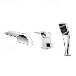 Waterfall Bathtub Faucet Deck Mounted, Bath Tub Filler Mixer Tap Set Handheld 3 Hole 2 Spout with Hand Sprayer, Brass Shower Ceramic Valve Kit Bathroom
