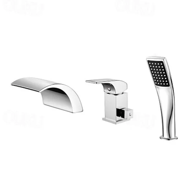 Waterfall Bathtub Faucet Deck Mounted, Bath Tub Filler Mixer Tap Set Handheld 3 Hole 2 Spout with Hand Sprayer, Brass Shower Ceramic Valve Kit Bathroom