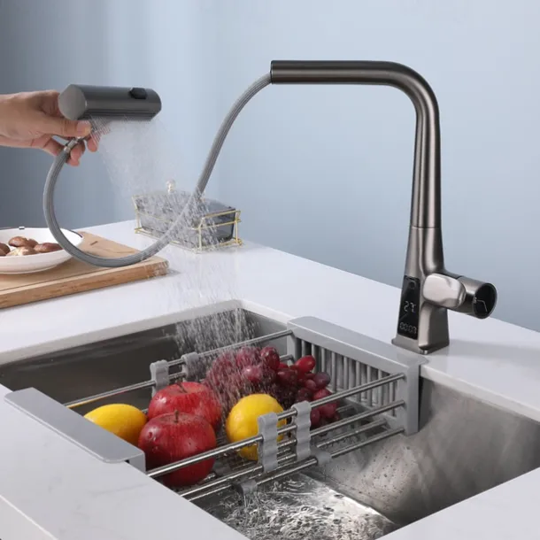 Waterfall Kitchen Faucet, 2023 Latest Centerset Faucet for Kitchen Sink, 3 in 1 Multi-functional Single Handle One Hole Pull out Cylinder Spout Kitchen Taps, Ceramic Valve Insides