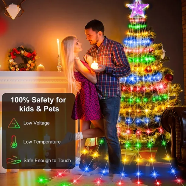 Waterfall String Light Christmas 198 Leds USB Flowing Water Light 9 Strip 2 meters 8 Lighting Modes with Remote Control Waterproof for Xmas Party Bedroom Wall Flashing Indoor Outdoor Decoration