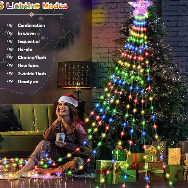 Waterfall String Light Christmas 198 Leds USB Flowing Water Light 9 Strip 2 meters 8 Lighting Modes with Remote Control Waterproof for Xmas Party Bedroom Wall Flashing Indoor Outdoor Decoration