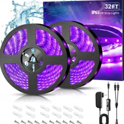 Waterproof Black UV Strip Light, IP65 Purple LED Black Light Fixture Kit 600 LED Light Strips with 12V Power Supply for Outdoor and Indoor Halloween Luminous Neon Lights Party Cabinets Posters Boats