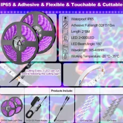 Waterproof Black UV Strip Light, IP65 Purple LED Black Light Fixture Kit 600 LED Light Strips with 12V Power Supply for Outdoor and Indoor Halloween Luminous Neon Lights Party Cabinets Posters Boats