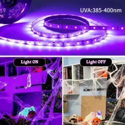 Waterproof Black UV Strip Light, IP65 Purple LED Black Light Fixture Kit 600 LED Light Strips with 12V Power Supply for Outdoor and Indoor Halloween Luminous Neon Lights Party Cabinets Posters Boats