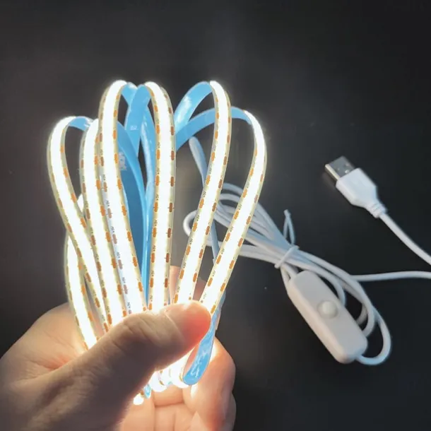 Waterproof COB USB 5V LED Strip Light, High Gloss LED Soft Flexiable Strip Light with USB Switch 3.28-16 ft (1-5M) 480 LED/Meter Waterproof Flexible Self-adhesive Safety Tape Light Suitable for Kitchen Garage TV Wall and Home DIY Lighting