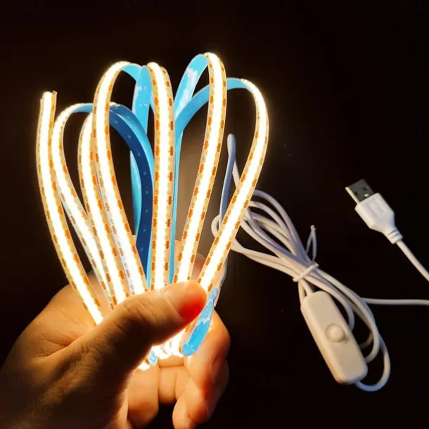 Waterproof COB USB 5V LED Strip Light, High Gloss LED Soft Flexiable Strip Light with USB Switch 3.28-16 ft (1-5M) 480 LED/Meter Waterproof Flexible Self-adhesive Safety Tape Light Suitable for Kitchen Garage TV Wall and Home DIY Lighting