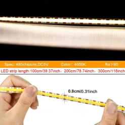 Waterproof COB USB 5V LED Strip Light, High Gloss LED Soft Flexiable Strip Light with USB Switch 3.28-16 ft (1-5M) 480 LED/Meter Waterproof Flexible Self-adhesive Safety Tape Light Suitable for Kitchen Garage TV Wall and Home DIY Lighting