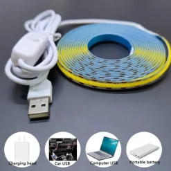 Waterproof COB USB 5V LED Strip Light, High Gloss LED Soft Flexiable Strip Light with USB Switch 3.28-16 ft (1-5M) 480 LED/Meter Waterproof Flexible Self-adhesive Safety Tape Light Suitable for Kitchen Garage TV Wall and Home DIY Lighting