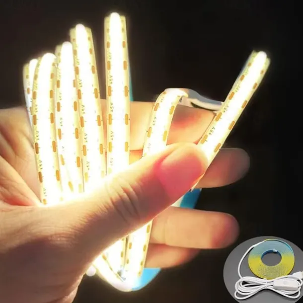 Waterproof COB USB 5V LED Strip Light, High Gloss LED Soft Flexiable Strip Light with USB Switch 3.28-16 ft (1-5M) 480 LED/Meter Waterproof Flexible Self-adhesive Safety Tape Light Suitable for Kitchen Garage TV Wall and Home DIY Lighting