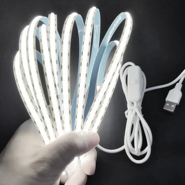 Waterproof COB USB 5V LED Strip Light, High Gloss LED Soft Flexiable Strip Light with USB Switch 3.28-16 ft (1-5M) 480 LED/Meter Waterproof Flexible Self-adhesive Safety Tape Light Suitable for Kitchen Garage TV Wall and Home DIY Lighting