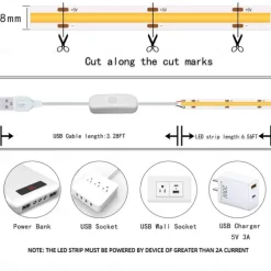 Waterproof COB USB 5V LED Strip Light, High Gloss LED Soft Flexiable Strip Light with USB Switch 3.28-16 ft (1-5M) 480 LED/Meter Waterproof Flexible Self-adhesive Safety Tape Light Suitable for Kitchen Garage TV Wall and Home DIY Lighting