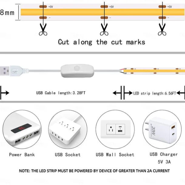 Waterproof COB USB 5V LED Strip Light, High Gloss LED Soft Flexiable Strip Light with USB Switch 3.28-16 ft (1-5M) 480 LED/Meter Waterproof Flexible Self-adhesive Safety Tape Light Suitable for Kitchen Garage TV Wall and Home DIY Lighting