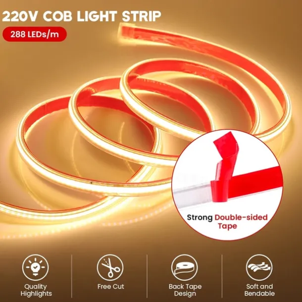 Waterproof Flexiable COB LED Strip with Switch Pool Light Strip 220V EU UK Power Plug 288LEDs/M High Density Self-adhesive COB LED Strp 1/2/3/4/5m