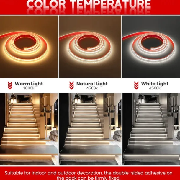 Waterproof Flexiable COB LED Strip with Switch Pool Light Strip 220V EU UK Power Plug 288LEDs/M High Density Self-adhesive COB LED Strp 1/2/3/4/5m