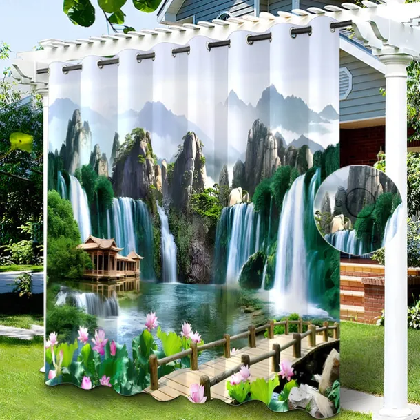 Waterproof Outdoor Curtain Privacy, Sliding Patio Curtain Drapes, Pergola Curtains Grommet Chinese Landscape For Gazebo, Balcony, Porch, Party, 1 Panel