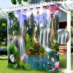 Waterproof Outdoor Curtain Privacy, Sliding Patio Curtain Drapes, Pergola Curtains Grommet Chinese Landscape For Gazebo, Balcony, Porch, Party, 1 Panel