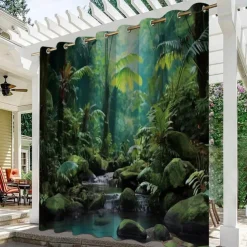 Waterproof Outdoor Curtain For Patio , Privacy Sliding Patio Curtain Drapes, Pergola Curtains Grommet 3D Forest Landscape For Gazebo, Balcony, Porch, Party, 1 Panel