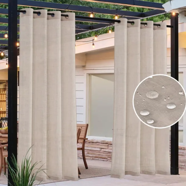 Waterproof Outdoor Patio Curtain Linen Look Heavy Duty Indoor Outdoor Solid Grommet Curtain Series Thermal Insulated Sunlight Block Drape for Gazebo/Porch, 1 Panel