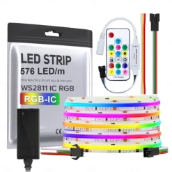 Waterproof RGB COB Strip Light 16ft 5M Smart IC Flexible DC24V LED Tape Light WS2811 Addressable RGB with RF Controller or WIFI Controller Suitable Party Home Office DIY Lighting Projects