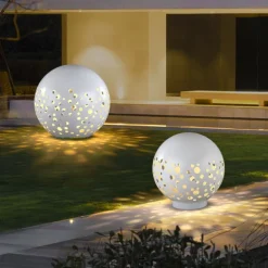 Waterproof Round Metal Hollow White Modern Outdoor Lanterns Lawn Lamp 110-240V