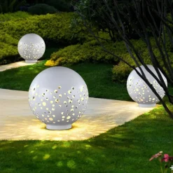Waterproof Round Metal Hollow White Modern Outdoor Lanterns Lawn Lamp 110-240V