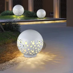 Waterproof Round Metal Hollow White Modern Outdoor Lanterns Lawn Lamp 110-240V