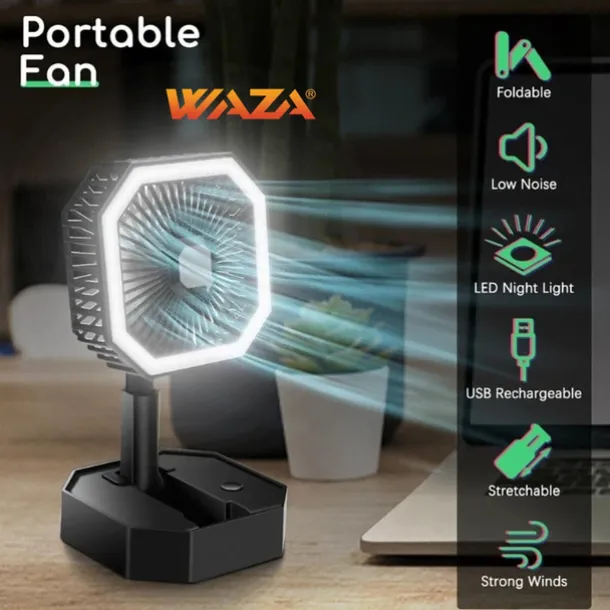 WAZA Foldable USB Mini Fan – Adjustable Height and Angle, LED Light, Personal Rechargeable Fan for Travel and Office