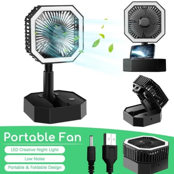 WAZA Foldable USB Mini Fan – Adjustable Height and Angle, LED Light, Personal Rechargeable Fan for Travel and Office