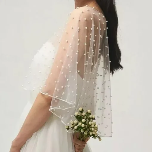 Wedding Bridal Cloaks Faux Pearl Wedding Cape Short Shoulder Cover up Cape Beaded Evening Wrap Shawl Dress Prom Party Accessories for Women