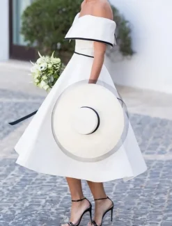 Wedding Dresses A-Line Off Shoulder Short Sleeve Tea Length Stretch Fabric Bridal Gowns With Solid Color