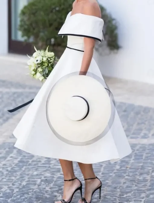 Wedding Dresses A-Line Off Shoulder Short Sleeve Tea Length Stretch Fabric Bridal Gowns With Solid Color