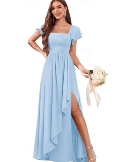 Wedding Dresses A-Line Square Neck Short Sleeve Floor Length Chiffon Bridal Gowns With Pleats Solid Color