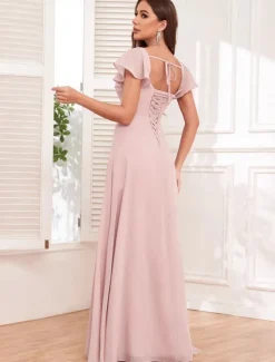 Wedding Dresses A-Line Square Neck Short Sleeve Floor Length Chiffon Bridal Gowns With Pleats Solid Color