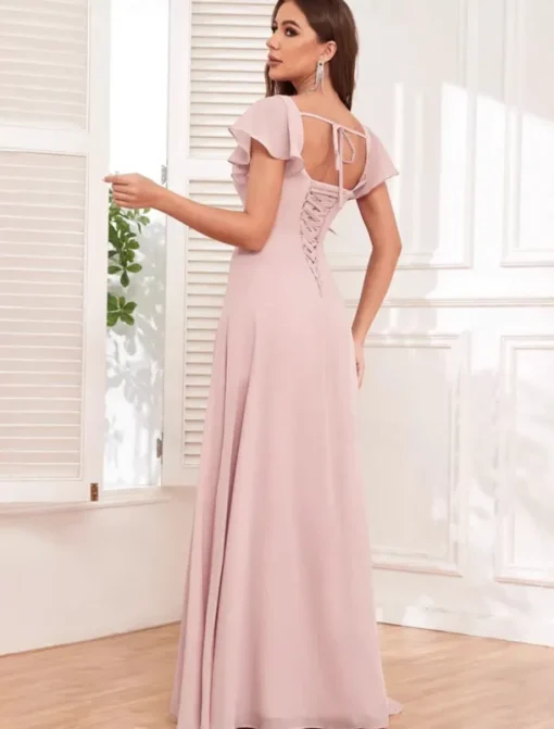 Wedding Dresses A-Line Square Neck Short Sleeve Floor Length Chiffon Bridal Gowns With Pleats Solid Color