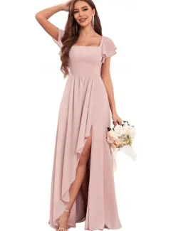 Wedding Dresses A-Line Square Neck Short Sleeve Floor Length Chiffon Bridal Gowns With Pleats Solid Color