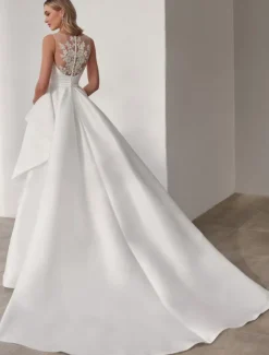 Wedding Dresses A-Line V Neck Sleeveless Floor Length Satin Bridal Gowns With Appliques Solid Color