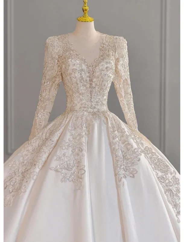 Wedding Dresses Ball Gown Off Shoulder Cap Sleeve Court Train Satin Bridal Gowns With Ruched Solid Color