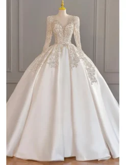 Wedding Dresses Ball Gown Off Shoulder Cap Sleeve Court Train Satin Bridal Gowns With Ruched Solid Color